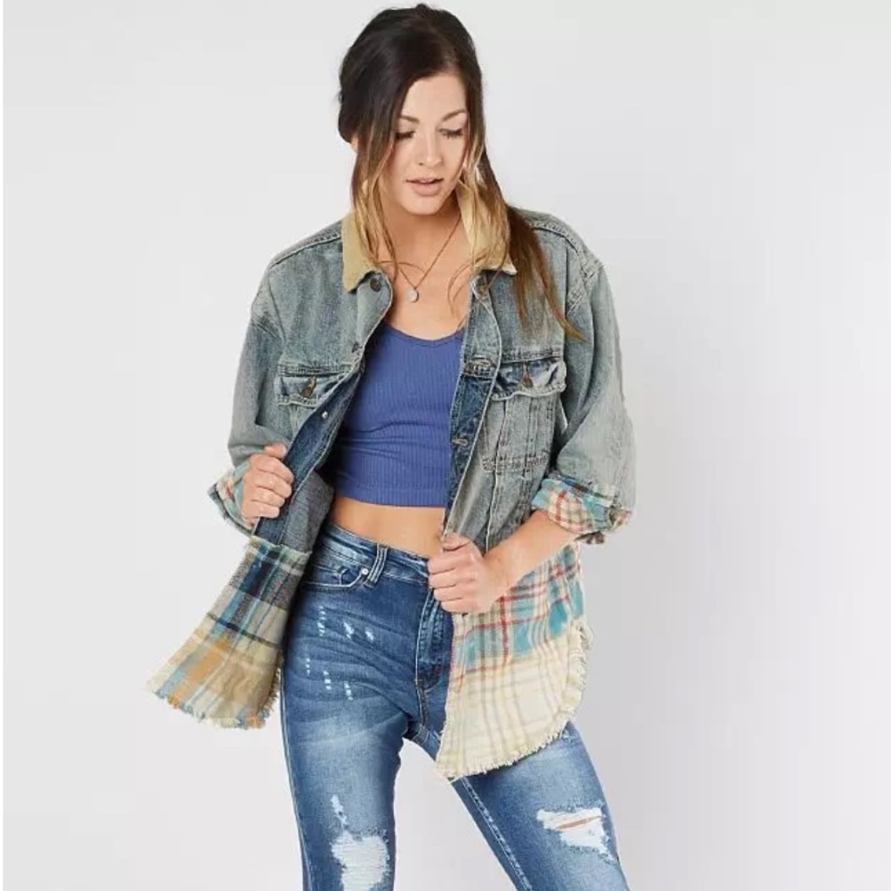 Free‎ People Sirius Plaid Mixed Denim Shirt Jacket XS